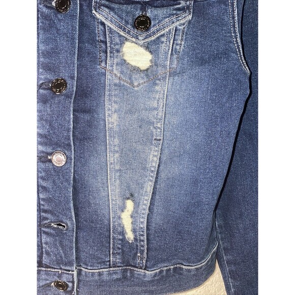 new Mavi crop Jean jacket denim distressed grunge moto biker  S Stretchy y2k 90s - Picture 5 of 8
